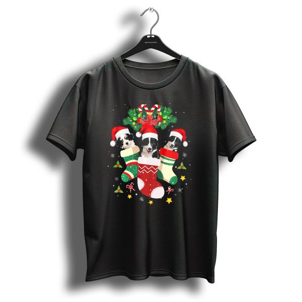 Christmas Border Collie Dogs In Santa Hats And Holiday Stockings T Shirt 1 t shirt 1