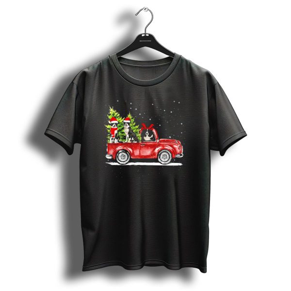Christmas Border Collies In Red Truck With Santa Hats And Trees T Shirt 1 t shirt 1