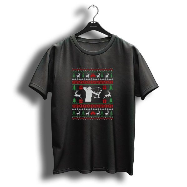 Christmas Bow Hunting Ugly Sweater Pattern With Reindeer And Gifts T Shirt 1 t shirt 1