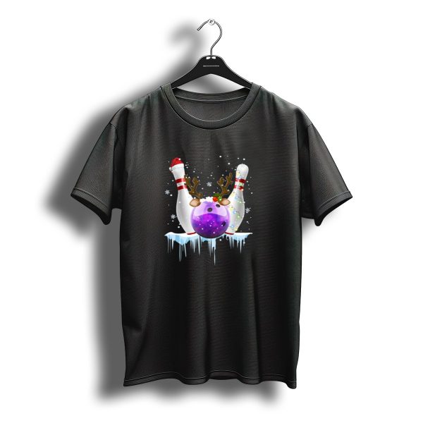 Christmas Bowling Ball Santa Hat With Reindeer And Snowflakes T Shirt t shirt 1