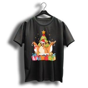 Christmas Boxer Dogs With Santa Hats And Reindeer Antlers By Xmas Tree T Shirt