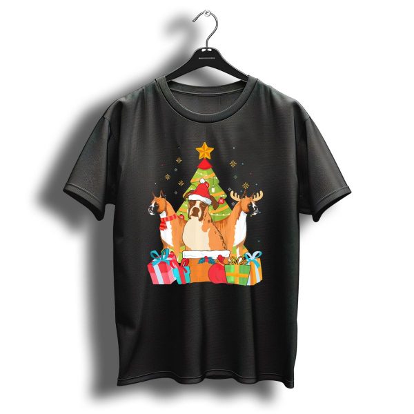 Christmas Boxer Dogs With Santa Hats And Reindeer Antlers By Xmas Tree T Shirt 1 t shirt 1