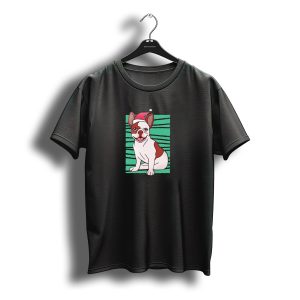 Christmas Bulldog With Santa Hat And Green T-Shirt