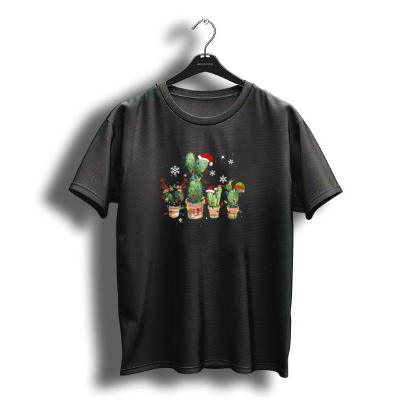 Christmas Cactus In Santa Hat And Lights With Reindeer Antlers And Snowflakes T Shirt t shirt 1