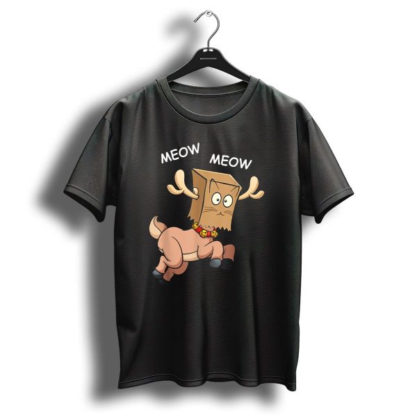 Christmas Cat Funny Meow Reindeer Antlers Bag Head T Shirt 1 t shirt 1