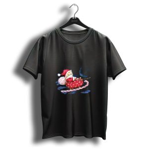 Christmas Cat In Santa Hat Riding Candy Cane Sleigh With Snowflake Bag T Shirt