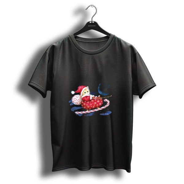 Christmas Cat In Santa Hat Riding Candy Cane Sleigh With Snowflake Bag T Shirt 1 t shirt 1