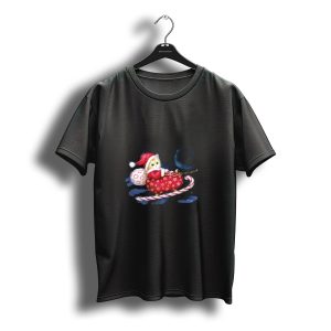 Christmas Cat In Santa Hat Riding Candy Cane Sleigh With Snowflake Bag T-Shirt
