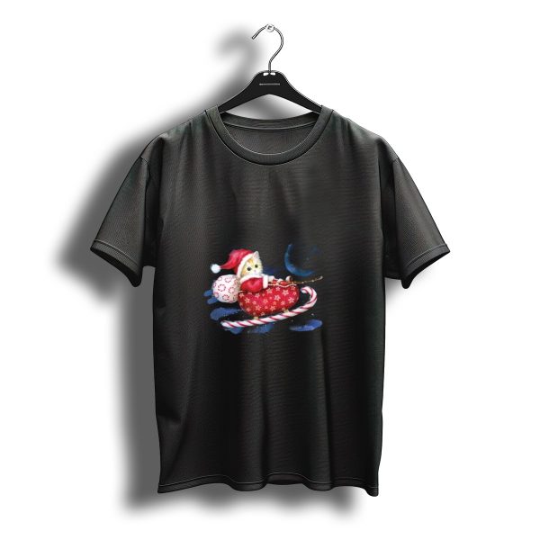 Christmas Cat In Santa Hat Riding Candy Cane Sleigh With Snowflake Bag T Shirt t shirt 1