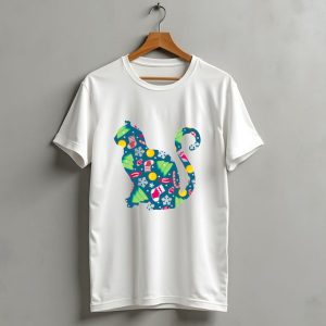 Christmas Cat Silhouette With Festive Trees And Ornaments T Shirt 1