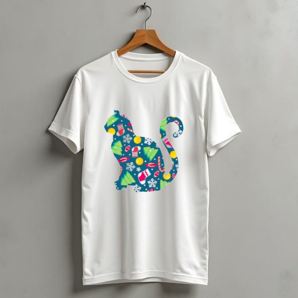 Christmas Cat Silhouette With Festive Trees And Ornaments T Shirt 1 t shirt 1