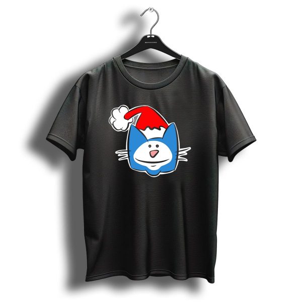 Christmas Cat With Santa Hat Blue Cartoon T Shirt 1 t shirt 1