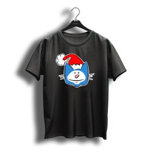 Christmas Cat With Santa Hat Blue Cartoon T-Shirt