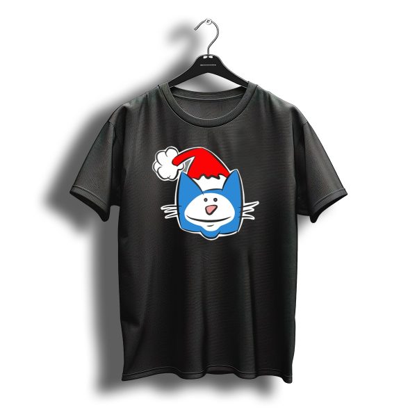Christmas Cat With Santa Hat Blue Cartoon T Shirt t shirt 1