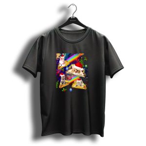 Christmas Cats In Outer Space Riding Tacos With Santa Hats And Rainbows T Shirt