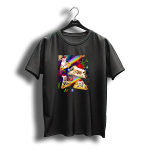 Christmas Cats In Outer Space Riding Tacos With Santa Hats And Rainbows T-Shirt