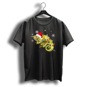 Christmas Chameleon Santa Hat With Festive Lights And Snowflakes T Shirt
