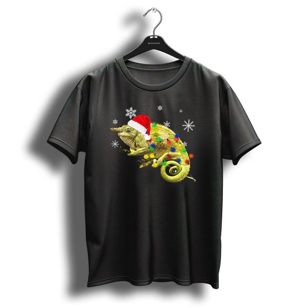 Christmas Chameleon Santa Hat With Festive Lights And Snowflakes T Shirt 1 t shirt 1