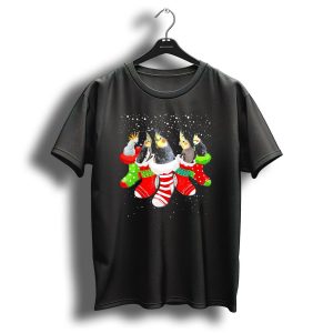 Christmas Cockatoos In Festive Stockings Snowy Scene For Bird Lovers T-Shirt