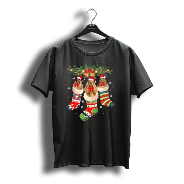 Christmas Cocker Spaniels In Festive Holiday Stockings With Santa Hats T Shirt t shirt 1