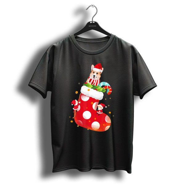 Christmas Corgi Dog In Santa Hat And Striped Scarf In Festive Stocking With Candy Cane T Shirt 1 t shirt 1