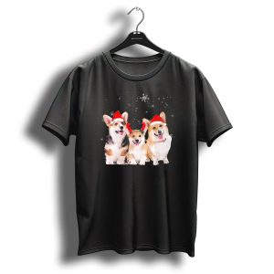 Christmas Corgi Puppy Trio In Santa Hats With Festive Snowflakes T Shirt