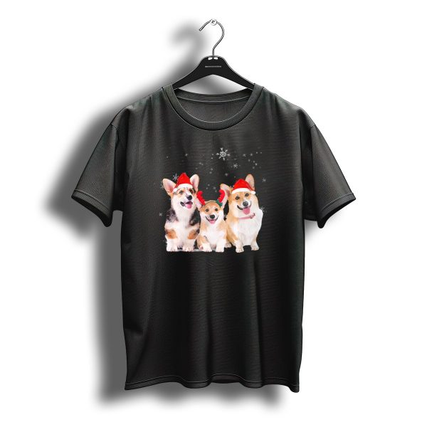 Christmas Corgi Puppy Trio In Santa Hats With Festive Snowflakes T Shirt t shirt 1