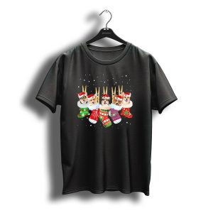 Christmas Corgi Stockings Santa Hats Snowflakes T-Shirt