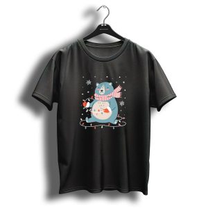 Christmas Cute Bear With Scarf And Fairy Lights Snowflakes T-Shirt