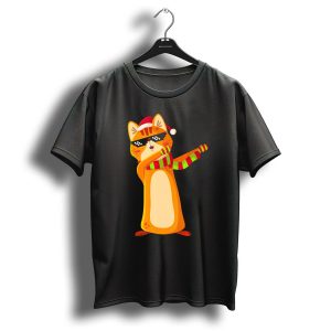 Christmas Dabbing Cat Kitten Santa Hat Sunglasses Striped Scarf T Shirt