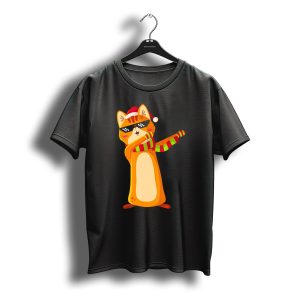Christmas Dabbing Cat Kitten Santa Hat Sunglasses Striped Scarf T-Shirt