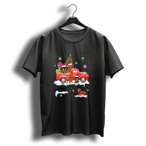 Christmas Dachshund Dogs With Santa Hats On Red Truck With Snowflakes And Christmas Tree T Shirt