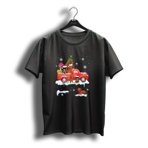 Christmas Dachshund Dogs With Santa Hats On Red Truck With Snowflakes T-Shirt