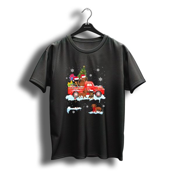 Christmas Dachshund Dogs With Santa Hats On Red Truck With Snowflakes T Shirt t shirt 1