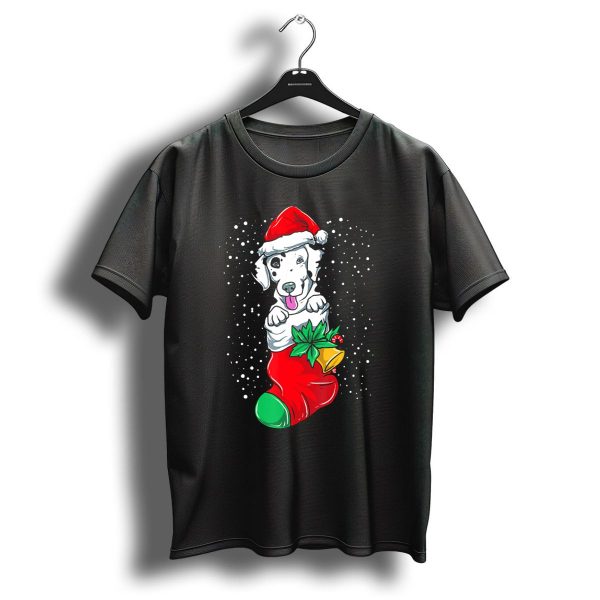Christmas Dalmatian In Santa Hat And Stocking With Holly And Snowfall T Shirt 1 t shirt 1
