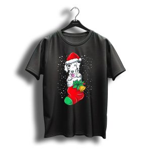 Christmas Dalmatian In Santa Hat And Stocking With Holly And Snowfall T-Shirt