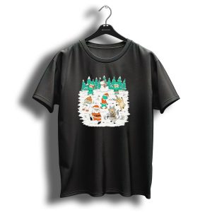 Christmas Dance Party With Santa Krampus Grinch Snowman And Reindeer In Winter Forest T-Shirt