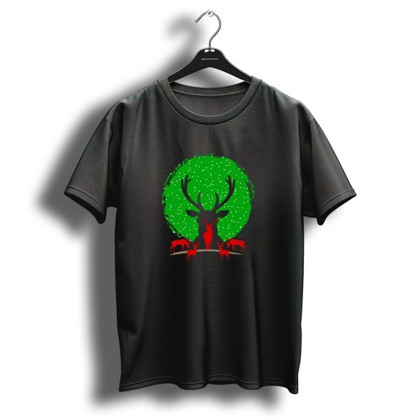 Christmas Deers Silhouettes With Green Snowy Moon T Shirt 1 t shirt 1