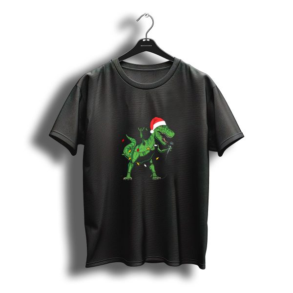 Christmas Dino Singing Fa Ra Ra With Lights And Santa Hat T Shirt t shirt 1