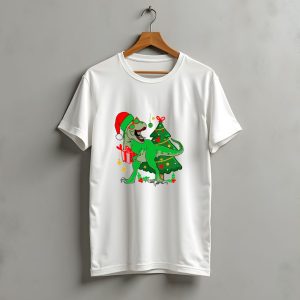 Christmas Dinosaur Santa With Tree And Gift T-Shirt