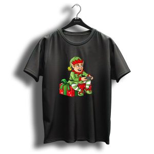 Christmas Elf Playing Video Game Controller On Gift Box Boys T-Shirt