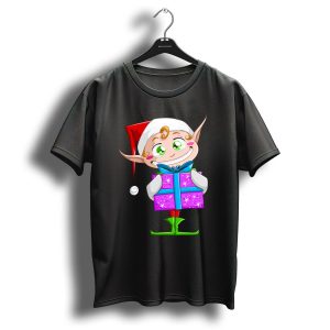 Christmas Elf With Red Hat Green Shoes And Sparkling Gift T-Shirt