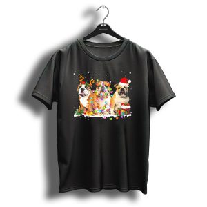 Christmas English Bulldog Santa And Reindeer With Festive Lights T Shirt