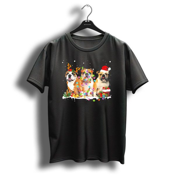 Christmas English Bulldog Santa And Reindeer With Festive Lights T Shirt 1 t shirt 1