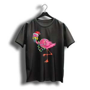 Christmas Flamingo Santa Hat Festive Lights Fun T-Shirt