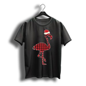 Christmas Flamingo Santa Hat Red Plaid Buffalo T-Shirt