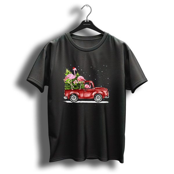 Christmas Flamingo Trio Riding Red Truck With Santa Hats And Xmas Tree T Shirt 1 t shirt 1
