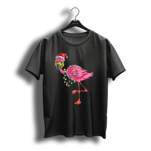 Christmas Flamingo With Santa Hat And Festive Holiday Lights T-Shirt