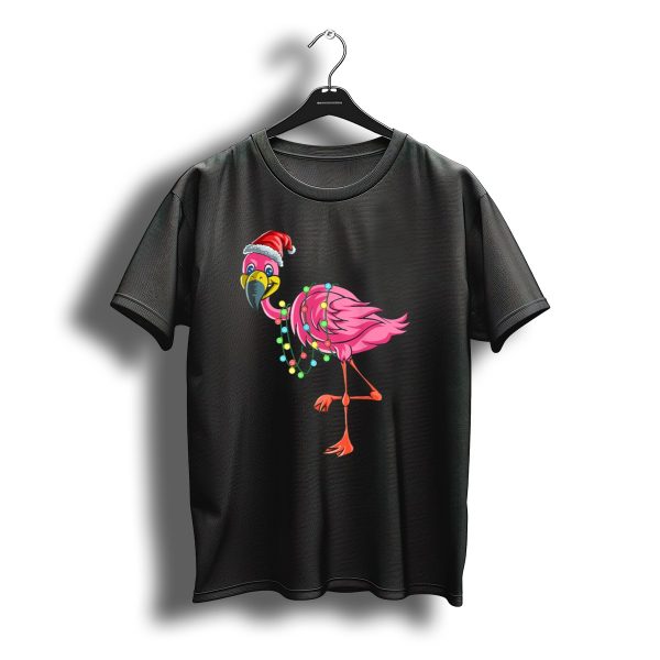 Christmas Flamingo With Santa Hat And Festive Holiday Lights T Shirt t shirt 1