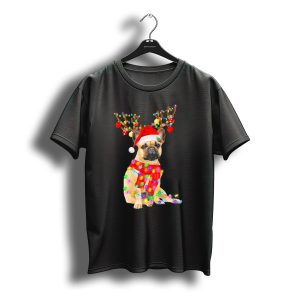 Christmas French Bulldog With Reindeer Antlers And Santa Hat T-Shirt
